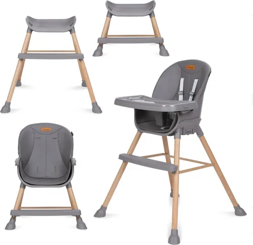 COIL 4-in-1-Hochstuhl, Hochstuhl, Holzhochstuhl, verstellbar, abnehmbares Tablett, rutschfest, 6 bis 36 Monate, 5-Punkt-Gurt, Hochstuhl, Hochstuhl für Baby, Belastung bis 15 kg/30 kg, grau
