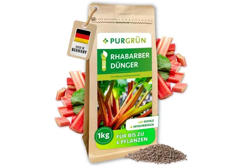 Purgrün Bio Rhabarber Dünger 1 kg - Bio-Gemüsedünger mit NPK 6+3+8, enthält 2% Magnesium für kräftige Rhabarberpflanzen. Ideal für biologischen Anbau mit sofortiger und langanhaltender Wirkung.