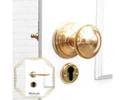 Antikas Türbeschlag mit Türklinke & Knauf für Haustüren - Hochwertiger Türbeschlag aus Messing in edlem Gold, ideal für Haustüren. Robuste Konstruktion für dauerhafte Nutzung und ansprechendes Design.
