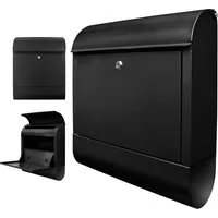 banjado® Design Briefkasten Schwarz mit Zeitungsfach - Eleganter Briefkasten aus pulverbeschichtetem Stahl, ideal für große A4 Sendungen. Inklusive 2 Schlüsseln und Montagezubehör. Stilvolles Design für Zaun- oder Wandmontage!