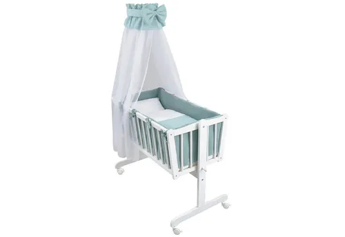 Babywiege Schaukelwiege Holz Weiß mit Bettset Mint Musselin in weiß von Baby-Delux