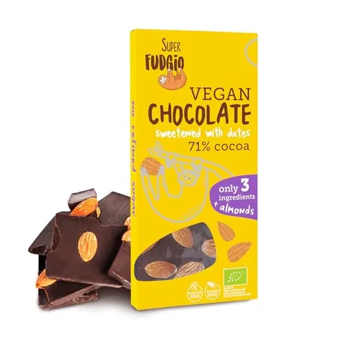SUPER FUDGiO BIO Vegane Schokolade mit Mandeln | Organic - nur 3 Zutaten | Gesüßt mit Datteln statt Zucker | Glutenfrei | 100g