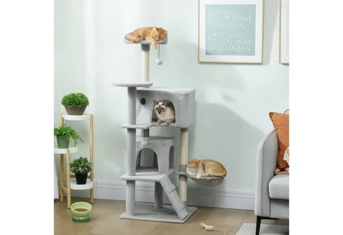 PawHut Kratzbaum 140 cm - Vielseitiger Katzenbaum mit Höhlen und Hängematte - Aktivitätskratzbaum für 1-3 Katzen unter 5 kg, mit kuscheligen Liegeplätzen, robusten Sisalstämmen und einer Katzenohr-Plattform für endlosen Spielspaß.