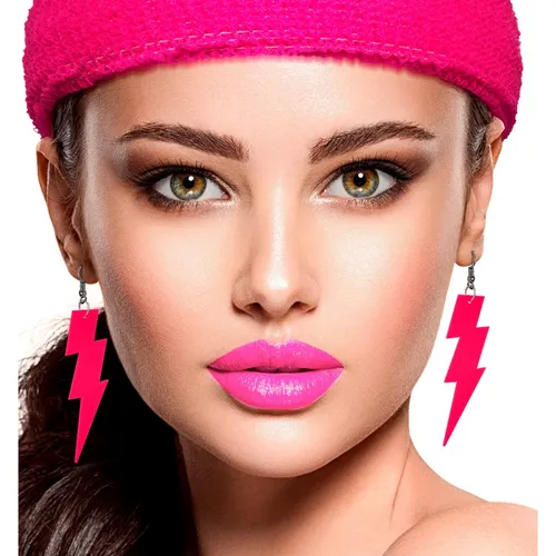 KARNEVAL FASCHING KOSTÜM ZUBEHÖR 80ER JAHRE OHRRINGE BLITZ NEON PINK NEU