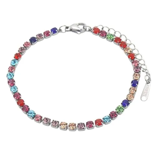 meberg Karma MTB091-042 Tennisarmband Damen Kristall Armband verstellbar Silber mit bunten Steinen Glitzer Armkettchen mit Karabinerverschluss zierlich, filigran & elegant (Silber bunt)