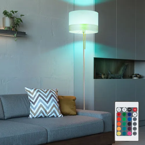 Elegante Stehlampe mit Dimmer und RGB LED Leuchtmittel - Stehleuchte für Wohnräume mit stilvollem Stoff- und Holzdesign. Inklusive Fernbedienung für Farbwechsel und dimmbare Beleuchtung – ideal für stimmungsvolle Akzente.