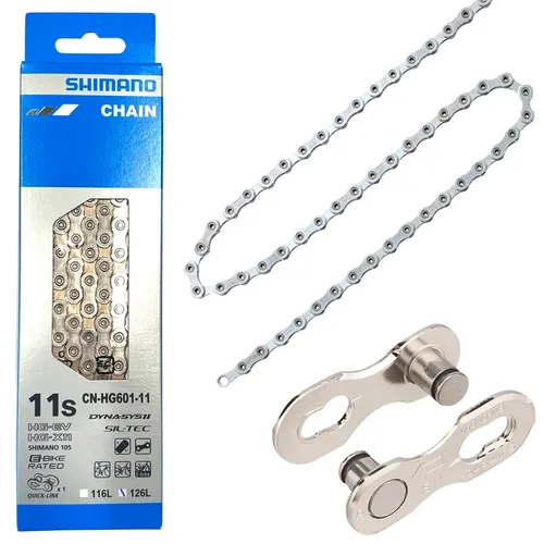 Shimano CN-HG601-11 Fahrradkette 126 Glieder mit Quick Link - Hochwertige 11-fach Kette mit 126 Gliedern und Quick Link für einfache Montage. Ideal für verschiedene Fahrradtypen wie Mountainbikes und E-Bikes. Verlässliche Leistung und langlebige Qualität.