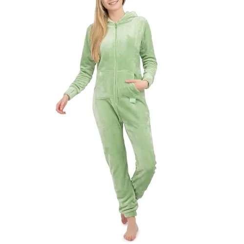 Basisstoff Damen Jumpsuit Teddy Fleece Grün Gr. S - Jumpsuits für Damen aus extrem weichem Teddy Fleece, ideal für kalte Tage. Mit praktischen Daumenöffnungen für zusätzlichen Komfort und vielseitig einsetzbar für drinnen und draußen.