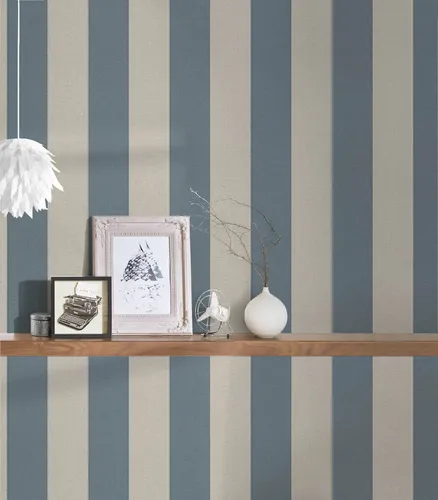 Vliestapete Blockstreifen Muster Leinen Optik Blau Beige 38665-1 (3,73€/1qm)