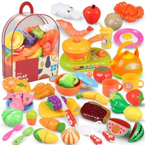 kramow Spielküche zubehör Set, Kinderküche Zubehör, 66-teiliges Küchenzubehör und Schneidespielzeug, Lebensmittel Spielzeug Geschenk für Mädchen Jungen ab 3 Jahre, Kaufladen Zubehör (Rucksack)