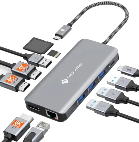 NOVOO Docking Station 4K@60Hz Triple Display USB C Hub Dual HDMI mit 4K@120Hz DisplayPort Multiport Adapter, 2 HDMI 4K@60Hz,Gigabit Ethernet,100WPD,SD/TF,4xUSB für MacBook, andere USB C Laptops