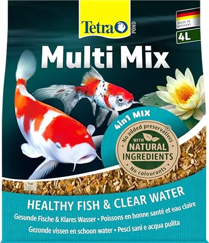 Tetra Pond Fischfutter Multi Mix 4 l - Hauptfutter-Mix für alle Teichfischarten, ausgewogene Ernährung mit Flocken, Sticks und Wafern