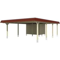 Doppelcarport SKAN HOLZ Wendland mit Abstellraum - Hochwertiger Doppelcarport mit Flachdach und roter Blende, inklusive Pfostenanker für optimale Stabilität – ideal für Garten und Fahrzeuge.