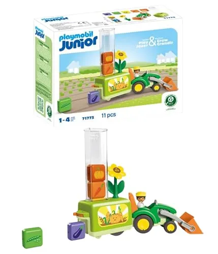 Playmobil JUNIOR Traktor mit Pflanzanhänger - First-Smile & 1.2.3, ideal für Kinder ab 12 Monaten, inklusive 5 Sortiersteinen und einer Steckblume für kreatives Spielen.