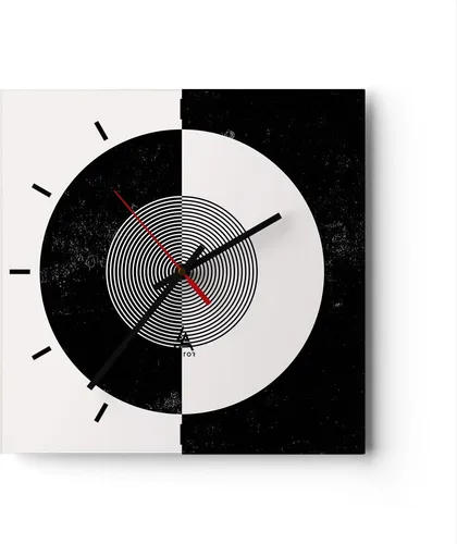 Wanduhr - Quadrat - Glasuhr - Abstraktion Rad Schwarz und Weiß - 40x40cm - Schleichendes Uhrwerk - Lautlos - zum Aufhängen bereit - Dekoration Modern - Wanddekoration aus Glas - C3AC40x40-4316