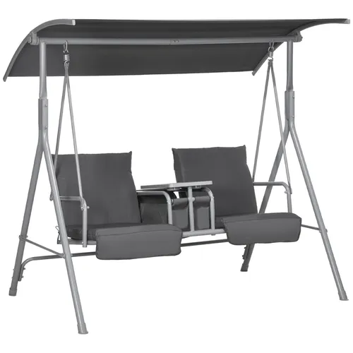 Outsunny Hollywoodschaukel - Schwarz, 175Lx110Wx165Hcm - Gartenmöbel: Robuste Hollywoodschaukel mit integriertem Tisch für Snacks und Getränke, verstellbarem Sonnendach und bequemen, gepolsterten Sitzen für optimalen Komfort im Freien.