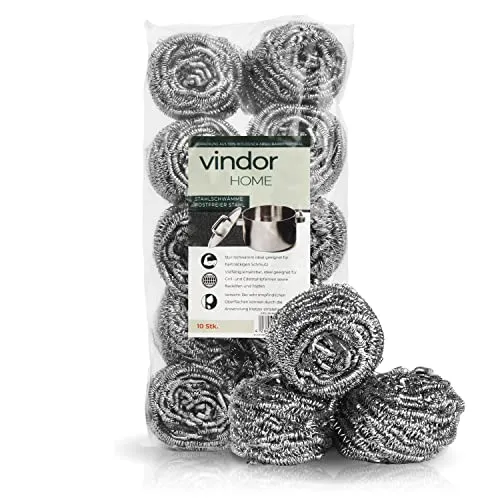 VINDOR Stahlschwämme – Topfreiniger aus rostfreiem Edelstahl, löst hartnäckige Verschmutzungen, 10 Spülschwämme