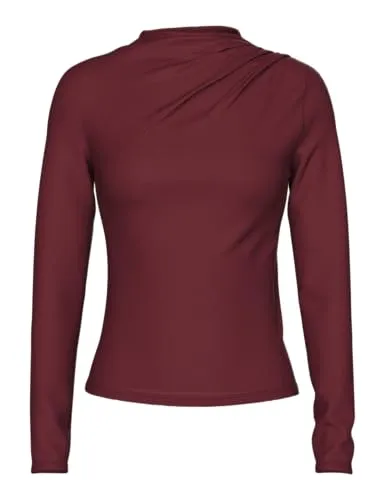 PIECES Female Oberteil PCMADISON mit Langen Ärmeln - Elegantes Damenoberteil mit drapiertem Effekt und hohem Kragen, aus 60% recyceltem Polyester für nachhaltigen Stil.