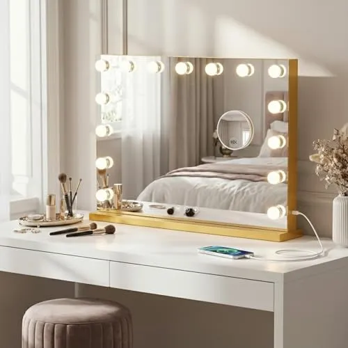 Bayt Schminkspiegel mit Beleuchtung 58x46 cm – Hollywood Kosmetikspiegel Gold | Tischspiegel Dimmbar mit 18 LED Lampen, 3 Lichtmodi & 10-Fach Vergrößerungsspiegel | Standspiegel für Schminktisch