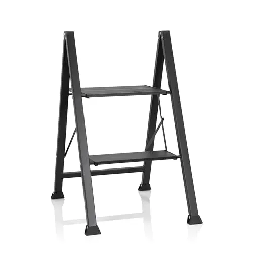 hjh OFFICE Klapptritt 2 Stufen SOLID W5 - Robuste Trittleiter aus Stahl, bis 150 kg belastbar; ideal für Büro und Haushalt, mit rutschsicheren Stufen und Sicherheitsverriegelung für sicheren Stand.