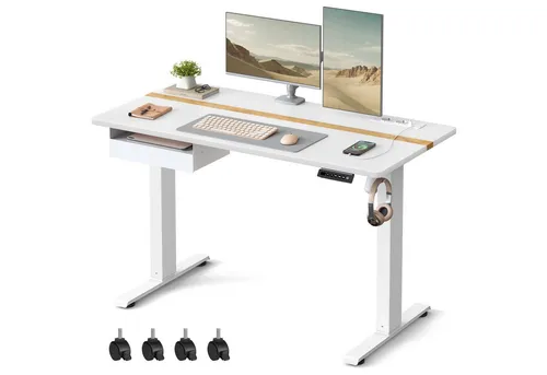 VASAGLE Höhenverstellbarer Schreibtisch elektrisch mit Steckdosen - Schreibtisch mit elektrischem Höhenverstellmechanismus, 2 USB-Anschlüssen und Schublade für mehr Komfort und Flexibilität im Home Office.