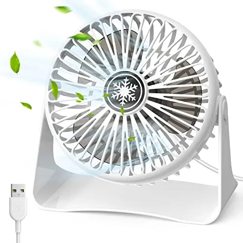 JATEKA Mini USB Tischventilator, 3 Geschwindigkeiten Starker Ventilator mit 1,2 m USB Kabel, Desktop Leise Ventilator 360°Dreheinstellung, Abnehmbar Gitter für Büro und Schlafzimmer - Weiß