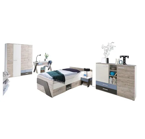 Lomadox Jugendzimmer-Set LEEDS-10, 5-tlg. in Sandeiche Nb. mit Weiß und Denim Blau