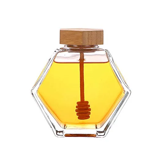 Stück 220ml Honigglas transparent dickes sechseckiges Glas Honigtopf mit Holzlöffel und Korkdeckel leer nachfüllbarer Sirup für Bienenkorb Lebensmittelaufbewahrungsbehälter für Zuhause Küche 1