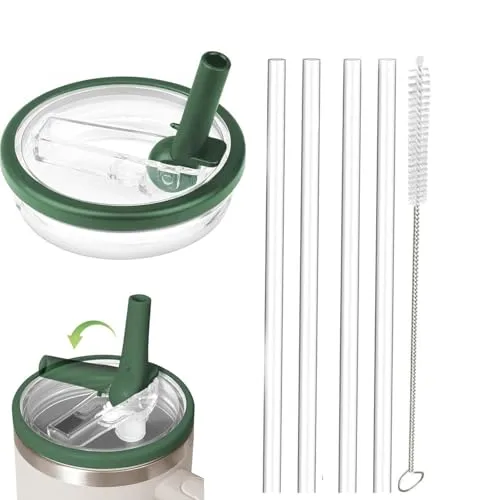 Ersatzdeckel für 40oz Becher, 1 Packung Auslaufsichere Tumbler Ersatz für Stanley Quencher 1.2L, wiederverwendbare Becherabdeckungs-Sets mit 4 Strohhalmen und 1 Reinigungsbürste (Army Green, 40 oz)