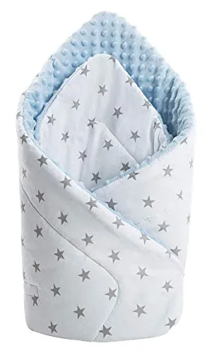 Medi Partners Einschlagdecke Steckkissen Minky 100% Baumwolle 75x75cm Babyhörnchen doppelseitig weich ganzjährig multifunktional antiallergisch Babys (Sterne mit hellblauem Minky)
