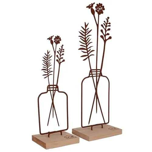 UNUS Aufsteller Blumenvase 2er Set, 23,5 cm und 31,5 cm hoch, Metallaufsteller mit Bambussockel, in Rost, Frühlingsdeko für Fenster, Tisch oder Regal
