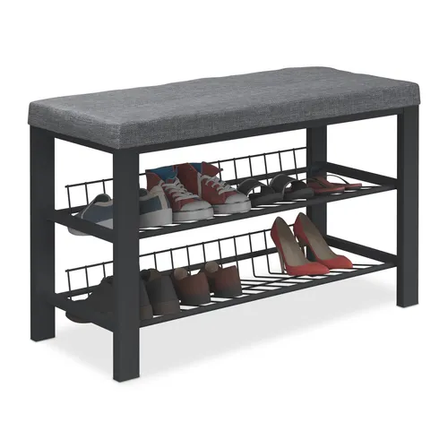 Relaxdays Schuhbank mit Polster, Dunkelgrau-Schwarz - Schuhbank mit 2 Ablagen für bis zu 8 Paar Schuhe, stabiler Stand dank Metallgestell und bequemes Polster für angenehmes Sitzen – ideal für Flur und Schlafzimmer.