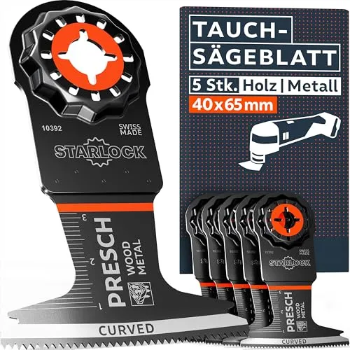 Presch Multitool Sägeblätter Holz & Metall 40x65mm 5 Stk. - Starlock Sägeblätter für werkzeuglosen Wechsel - Exakte Schnitte dank robuster BI-Metall Zähne & Curved-Tec Design - Tauchsägeblätter
