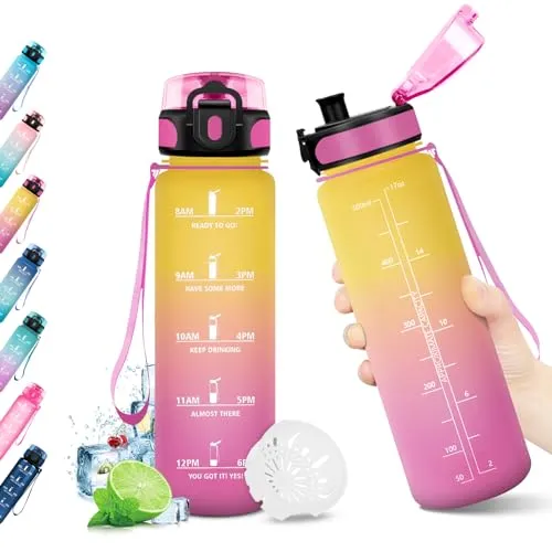 JAPORIA Trinkflasche 500ml, Kohlensäure Geeignet, Sport Trinkflasche Auslaufsicher, Wasserflasche mit Filter und Zeitmarkierung, Wasserflasche für Fahrrad, Schule, Maedchen, Junge, Camping