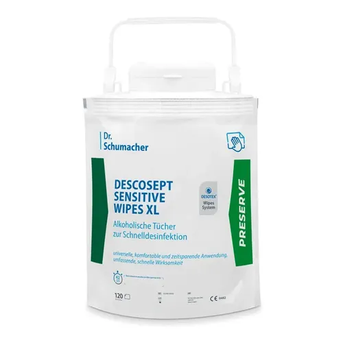 Dr. Schumacher DESCOSEPT SENSITIVE WIPES XL - Desinfektionstücher - Medizinische Desinfektionstücher, gebrauchsfertig und materialschonend für schnelle Desinfektion und Reinigung in patientennahen Bereichen, 120 Blatt pro Spenderbox.