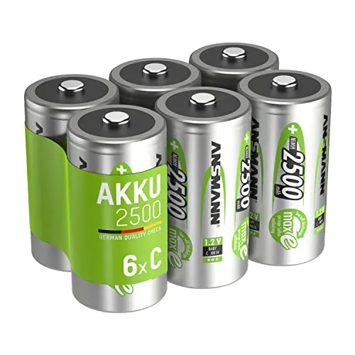 ANSMANN Akku Typ Baby C 2500 mAh NiMH - Wiederaufladbare Akkus für langlebigen Einsatz - Akkus Typ C 2500mAh 1,2V: maxE Technologie für geringe Selbstentladung, ideal für Spielzeug und mehr. Hochstromfähig, vorgeladen & bis zu 1000 Aufladungen – umweltfreundlich und langlebig.