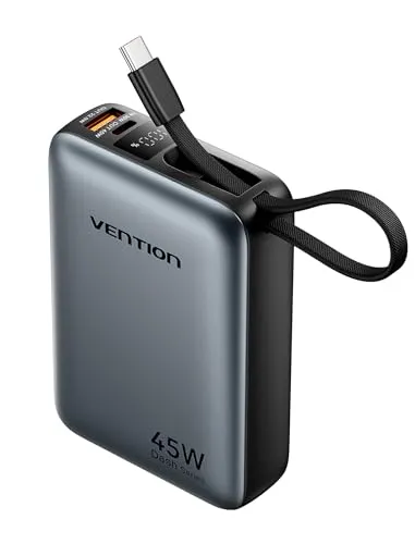 VENTION Mini Power Bank 45 W 20000 mAh Con Cable USB-C integrado, cargador rápido PD/PPS, baterías externas para teléfono móvil Con pantalla LED para iPhone 16/15/14, Galaxy S25/S24, iPad, ordenador