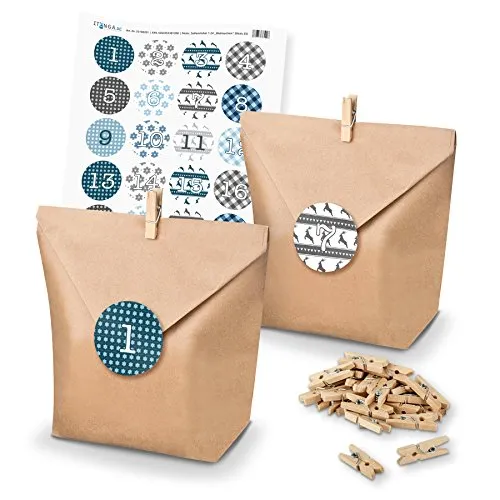 itenga DIY Adventskalender Set zum Basteln und Selberbefüllen mit Weihnachtssticker in blautönen - Papiertüten Klammern Zahlensticker