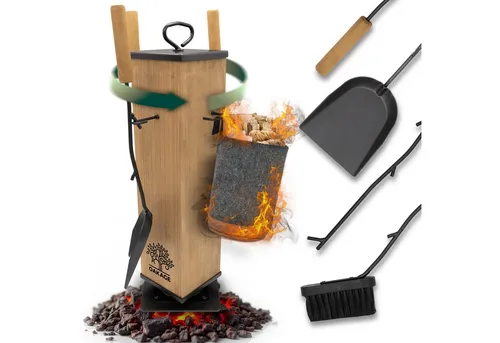 OAKAGE Kaminbesteck LuxeLeather – Stilvolles Design trifft Funktionalität - Aschesauger mit drehbarem Kern für Ordnung und Stil. Integrierter Holzkorb für saubere Lagerung und nachhaltige Nutzung – ideal für jeden Kamin.