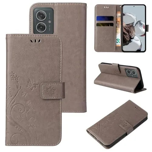 LBH Handy Hülle für Motorola Moto G55 5G Case Handytasche Schmetterling Blumen Flower Standfunktion Schutzhülle Magnet Rundum Schutz 360 Grad Flipcase Cover Grau