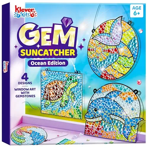 Klever Kits Suncatcher Fenster Bastelsets für Kinder,Geschenke für Mädchen 6 7 8 9 10 11 12 Jahre,DIY Diamant Malset Spielzeug,Basteln Mädchen Painting Set,Kreative Ozean Geschenke(4 Themen)