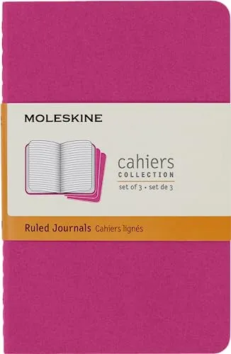 Moleskine Cahier Journal, Set mit 3 Notizbüchern mit Linierten Seiten, Kartonumschlag mit Sichtbarer Baumwollnaht, Farbe Kinetic Pink, Pocket-Format 9 x 14 cm, 64 Seiten
