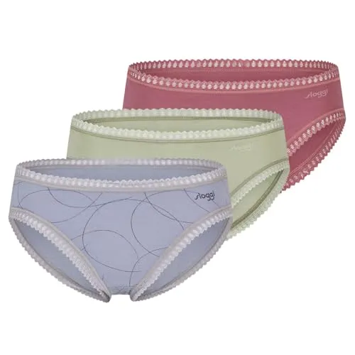 Sloggi GO Crush Hipster 3er Pack XXL Lila/Grün/Blau - Bequeme Hipster im 3er-Pack aus superweicher GOTS-zertifizierter Bio-Baumwolle. Der freche Schnitt und das Grafikmuster an der Taille sorgen für einen femininen Look. Ideal für jeden Tag!