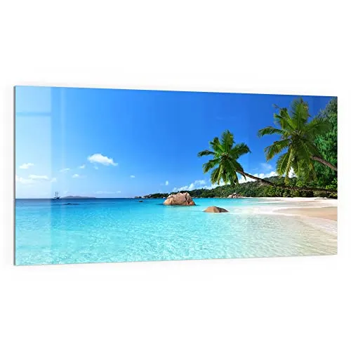 DEQORI Küchenrückwand Glas | Motiv Bilderbuchstrand | 100x50 cm | Bad- oder Herd-Rückwand | Herdblende Spritzschutz für Küche & Badezimmer | moderne Deko für Fliesenspiegel