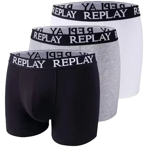 Replay Boxer Basic Cuff Logo 3 Pack - Men Trunks - Kurze Sporthosen aus Stretch-Baumwolle, elastischer Bund für optimalen Tragekomfort, ideal für den täglichen Gebrauch. Hygiene-Hinweis: Unterwäsche ist vom Umtausch ausgeschlossen.