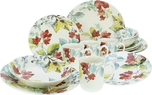 CreaTable Kombiservice Geschirr-Set Maple (16-tlg) für 4 Personen - Romantisches Steingut-Service mit Blattdekor, mikrowellen- und spülmaschinengeeignet – perfekt für stilvolle Dinnerabende.