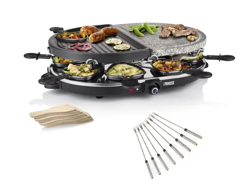 PRINCESS Raclette, 8 Raclettepfännchen, 1200 W, Tischgrill-Gerät 2-8 Personen Grill & Steinplatte & Teppanyaki Gabeln