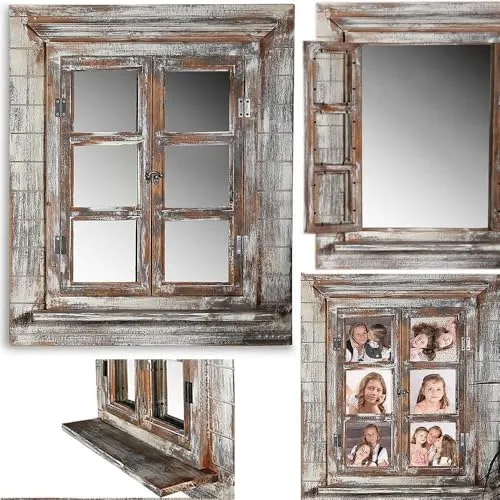 Melko Wandspiegel mit Fensterläden 64x54cm Shabby Chic Spiegelfenster mit Ablage, Fenstertüren als Bilderrahmen 13x13cm nutzbar
