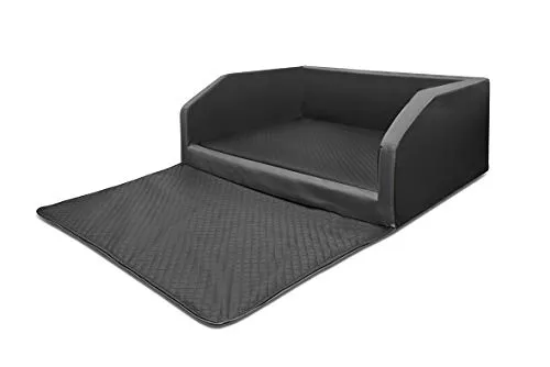 Mayaadi-Home Premium Hundebett - 90 x 70 x 38 cm | Hochwertiger Autositz für Deinen Hund | Autohundebett mit Schutzdecke, Kofferraum Bett aus Kunstleder | Travel Duo Schwarz-Dunkelgrau - S