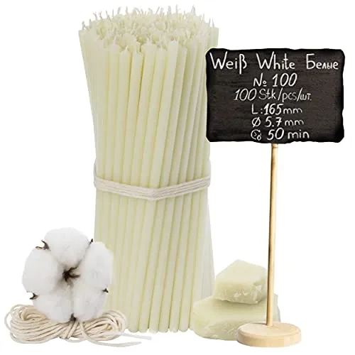 №100-100 Stk. Weiße Bienenwachskerzen-Kollektion: Traditionelle Stab- und Haushaltskerzen, Ritualkerzen sowie farbige Wachskerzen ein Set für Rituale L-16,5 cm Ø-5,7 mm, 50 Min Brenndauer